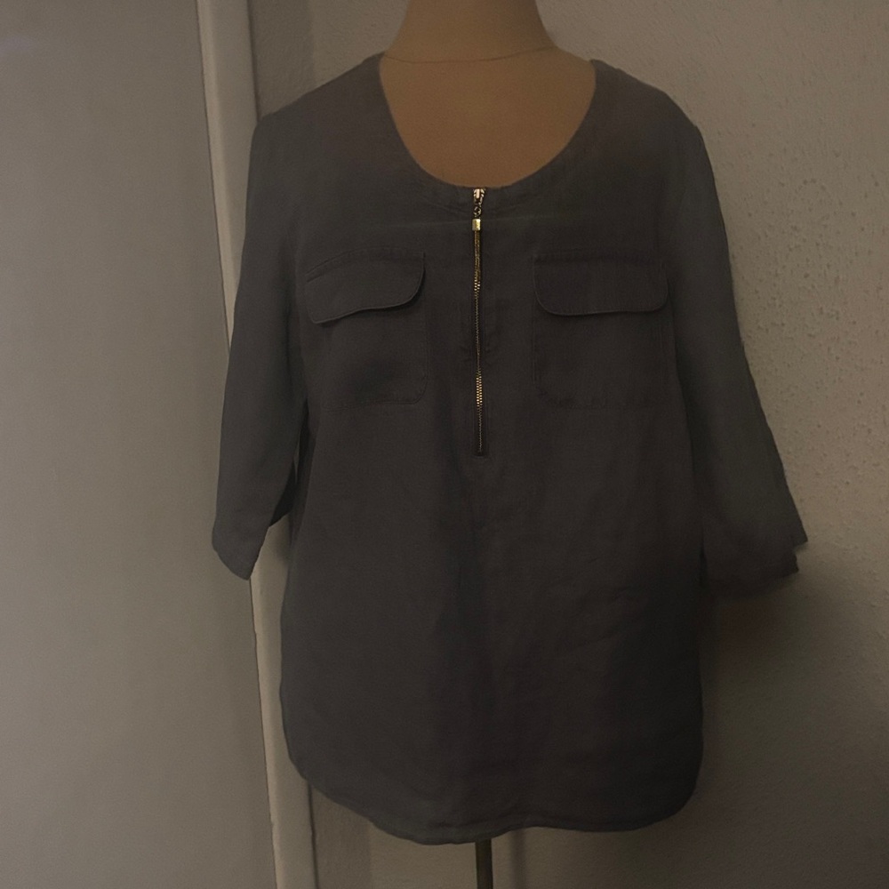 Ellen Tracy Linen Charcoal Gray Zip-Front Tunic Blouse NWOT Summer Casual Preppy